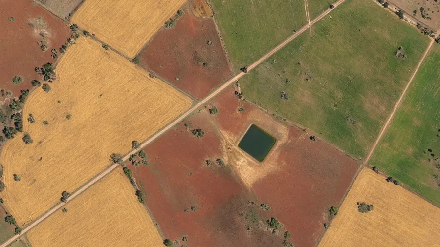 Aerial view of broadacre paddocks and a farm dam